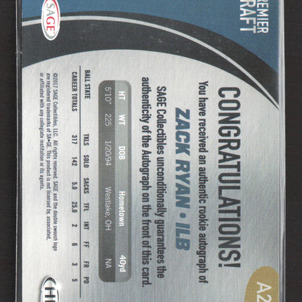 2017 SAGE HIT Premier Draft Zack Ryan #A22 auto