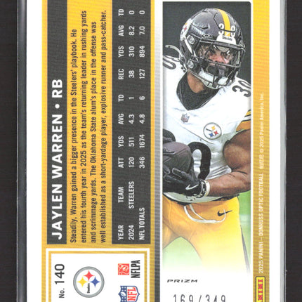 2025 Panini Donruss Optic Jaylen Warren #140 Light Blue Prizm 169/349