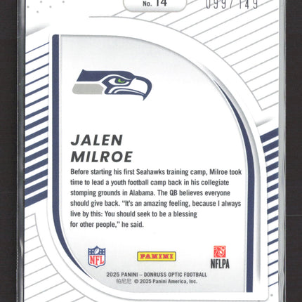 2025 Panini Donruss Optic Hidden Potential Jalen Milroe #14 RC 099/149