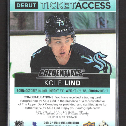 2022 UD Credentials Debut Ticket Access Kole Lind #DTAA-KL Green 23/25 Auto