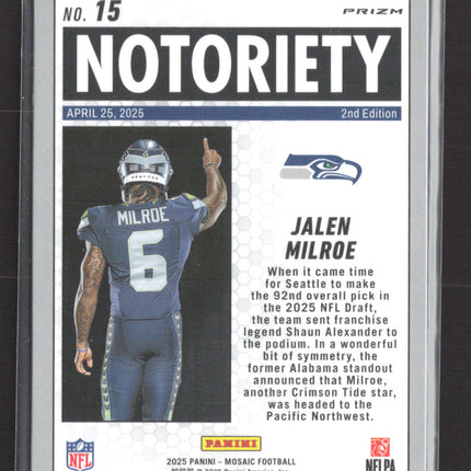 2025 Panini Mosaic Football Jalen Milroe #15 Green RC