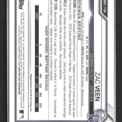 2021 Bowman Draft Chrome Sapphire Edition Zac Veen #BDC-150 Gold 14/15
