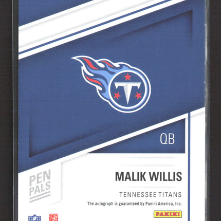 2022 Panini Donruss Elite Pen Pals Malik Willis #PP-MW RC Auto