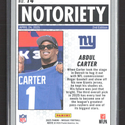 2025 Panini Mosaic Notoriety Abdul Carter #14 Silver Prizm RC