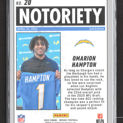 2025 Panini Mosaic Football Notoriety Omarion Hampton #20 RC