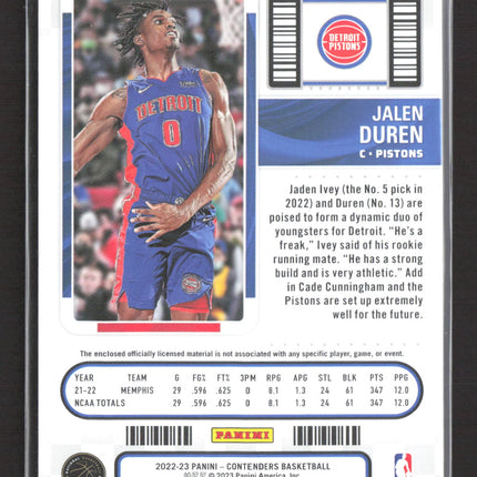 2023 Panini Contenders Rookie Ticket Jalen Duren #RTS-JDD RC Memorabilia