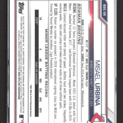 2021 Bowman Chrome Misael Urbina #BDC-68 Aqua Shimmer Refractor 008/199