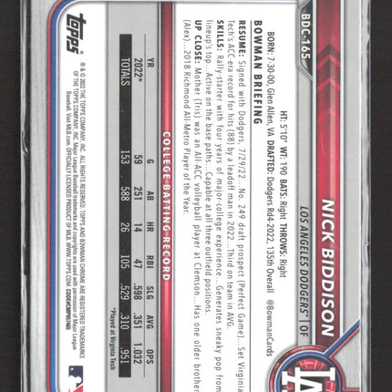 2022 Bowman Chrome Sapphire Edition Nick Biddison #BDC-165 1st Bowman