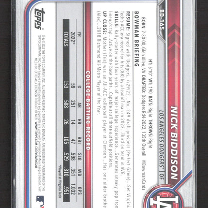 2022 Bowman Draft Nick Biddison #BD-165 1st Bowman in person auto