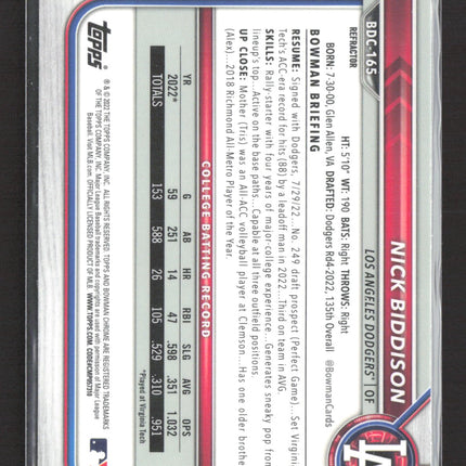 2022 Bowman Chrome Nick Biddison #BDC-165 Refractor
