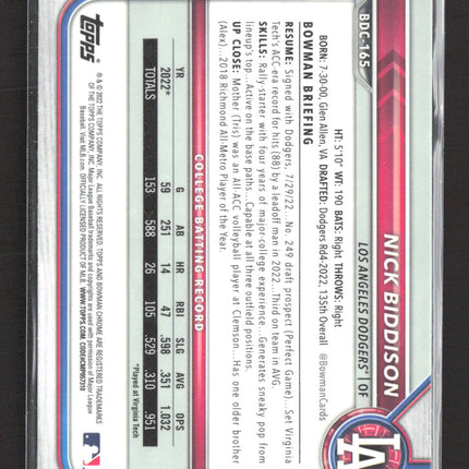 2022 Bowman Chrome Nick Biddison #BDC-165 1st Bowman