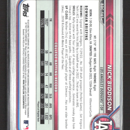2022 Bowman Chrome Draft Nick Biddison #BDC-165 Refractor
