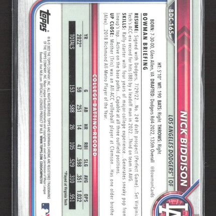 2022 Bowman Chrome Draft Nick Biddison #BDC-165