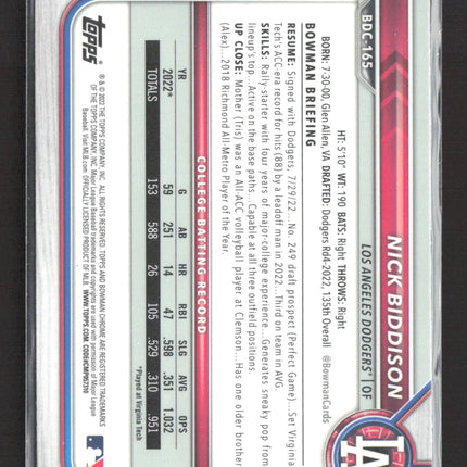 2022 Bowman Chrome Nick Biddison #BDC-165 1st Bowman
