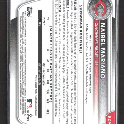 2025 Bowman Chrome Naibel Mariano #BCP-99 Aqua Mojo Refractor 1st Bowman