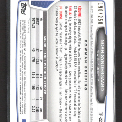 2013 Bowman Noah Syndergaard #TP-22 Orange 190/250