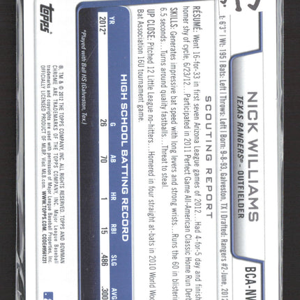 2012 Bowman Chrome Nick Williams #BCA-NW 1st Bowman auto