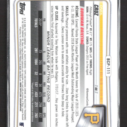 2020 Bowman Chrome Oneil Cruz #BCP-111 Blue Sapphire Refractor