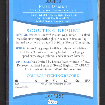 2008 Bowman Draft Picks & Prospects Paul Demny #BDPP38 Blue 1st Bowman