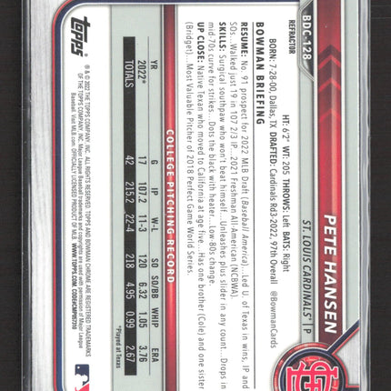 2022 Bowman Chrome Draft Pete Hansen #BDC-128 Refractor 1st Bowman