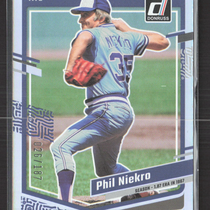 2023 Panini Donruss Baseball Phil Niekro #199 Blue 026/187