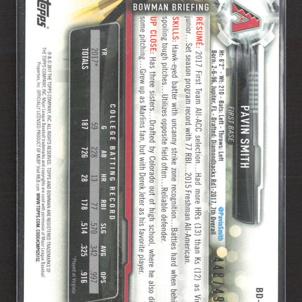 2017 Bowman Draft Pavin Smith #BD-195 Paper 448/499