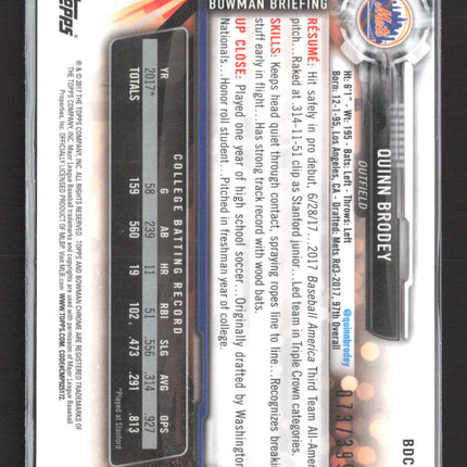 2017 Bowman Draft Chrome Quinn Brodey #BDC-24 Blue Refractor 1st Bowman /399