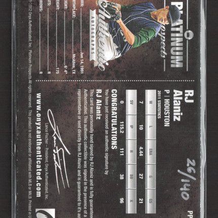 2012 Onyx Platinum Prospects RJ Alaniz #PPA1 Prospect auto