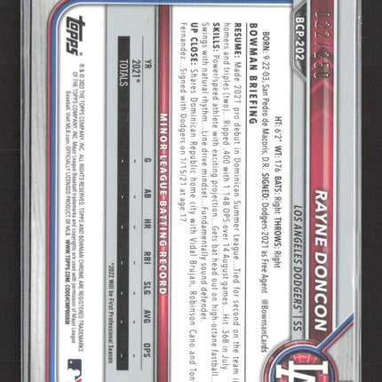 2022 Bowman Chrome Rayne Doncon #BCP-202 Purple Mojo Refractor 022/250