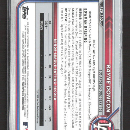 2022 Topps Bowman Chrome Rayne Doncon #BCP-202 Mojo Refractor