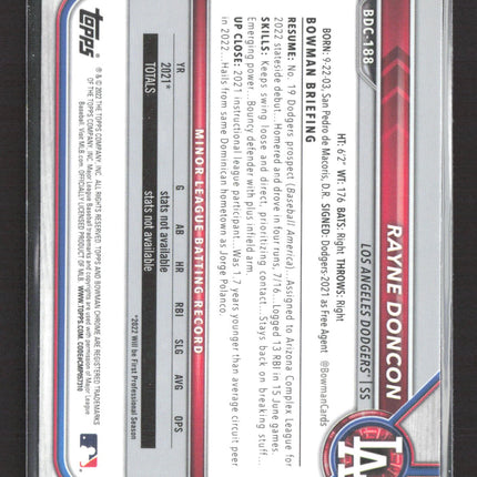 2022 Topps Bowman Chrome Rayne Doncon #BDC-188 Blue