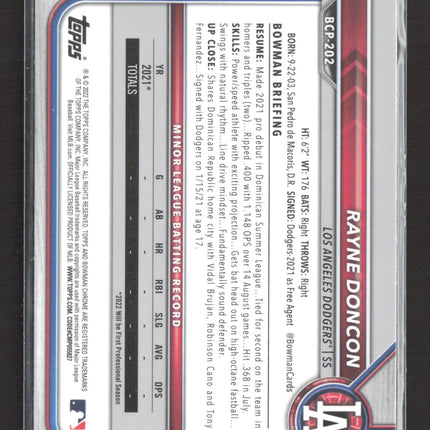 2022 Topps Bowman Chrome Rayne Doncon #BCP-202 1st Bowman