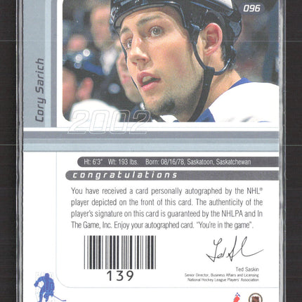 2002 In The Game Signature Series Cory Sarich #096 auto Auto