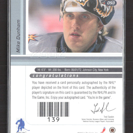 2002 In The Game Signature Series Mike Dunham #093 auto Auto