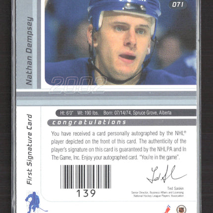 2002 In The Game Signature Series Nathan Dempsey #071 auto First Signature gold