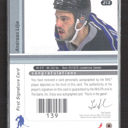 2002 In The Game Signature Series Andreas Lilja #213 auto Auto