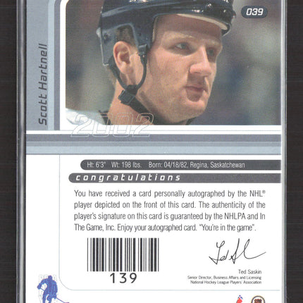 2002 In The Game Signature Series Scott Hartnell #039 auto Auto
