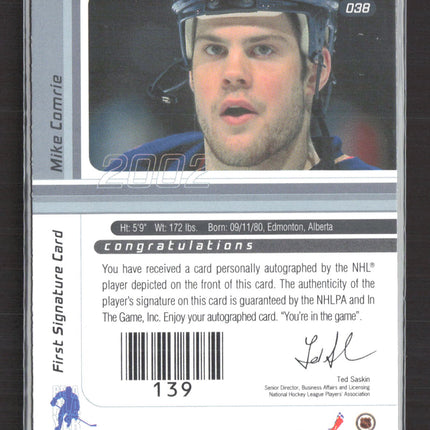 2002 In The Game Signature Series Mike Comrie #038 auto Auto