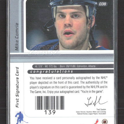 2002 In The Game Signature Series Mike Comrie #139 auto Auto