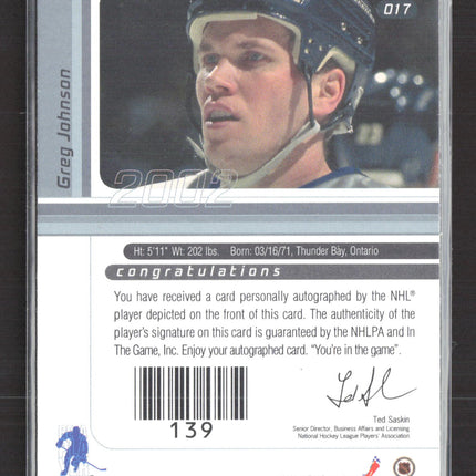2002 In The Game Signature Series Greg Johnson #139 auto Auto