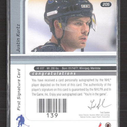2002 In The Game Signature Series Justin Kurtz #205 auto Auto