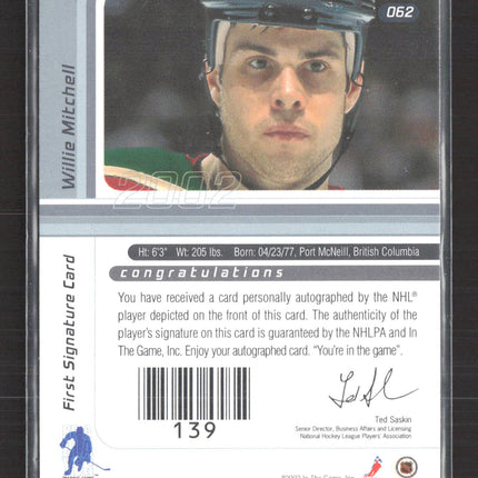 2002 In The Game Signature Series Willie Mitchell #062 auto First Signature gold