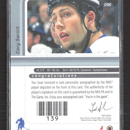 2002 In The Game Signature Series Cory Sarich #096 auto gold