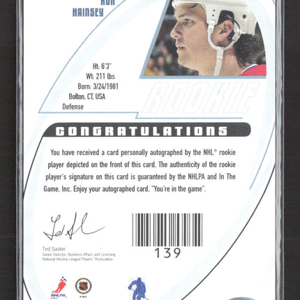 2003 In The Game Signature Series Ron Hainsey #186 auto Auto