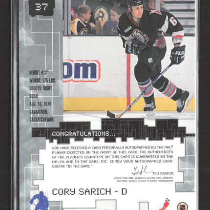1999 In The Game Millennium Signature Series Cory Sarich #37 auto