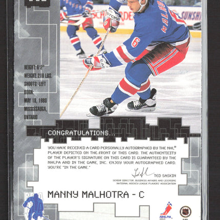 1999 Be A Player Millennium Signature Series Manny Malhotra #163 auto Auto