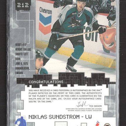 1999 In The Game Millennium Signature Series Niklas Sundstrom #212 auto Auto