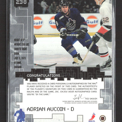 1999 In The Game Millennium Signature Series Adrian Aucoin #238 auto Auto