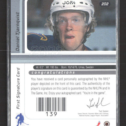 2002 In The Game Signature Series Daniel Tjarnqvist #202 auto Auto