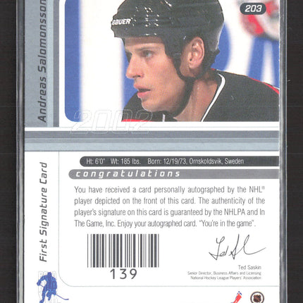 2002 In The Game Signature Series Andreas Salomonsson #203 auto Auto